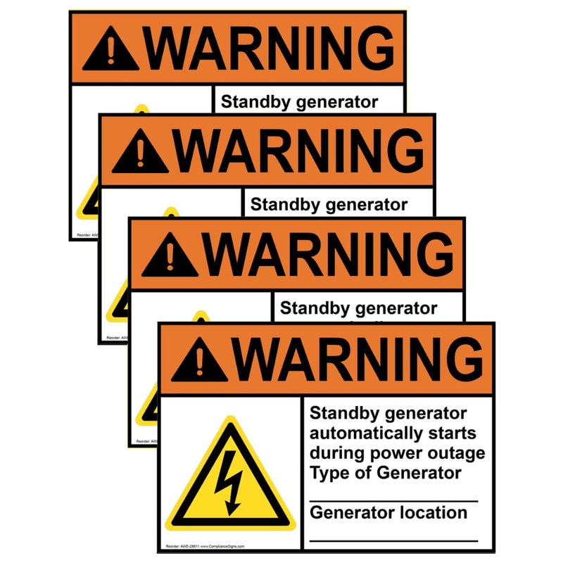 ComplianceSigns.com Warning Standby Generator Automatically ANSI Label Decal with Symbol, 5x3.5 in. 4-PackVinyl for Industrial Notices - Image 1